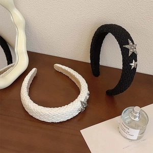 French vintage wide headband set in black and white woven fabric with star charms