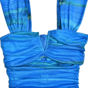 Detail view of blue mesh V-neck dress featuring elegant ruching and a back zipper closure