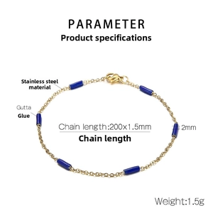 Diagramme détaillé du bracelet en acier inoxydable doré avec perles bleues et mesures