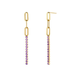 Detail of long gold drop earrings featuring rectangular links and purple round zircon chains