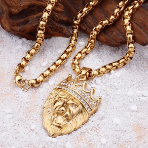 Hip hop gold lion head necklace with iced out crown and durable metal chain for men