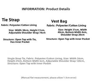 Size chart showing polyester shoulder bag dimensions and strap lengths in detail