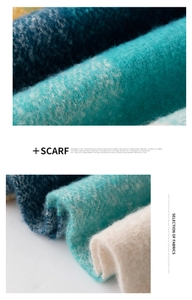 Macro shot of soft mohair knit fabric showing fluffy texture and blue-green gradient plaid
