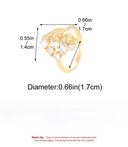 Detailed dimensions of a gold elephant ring with cubic zirconia inlay and copper base material