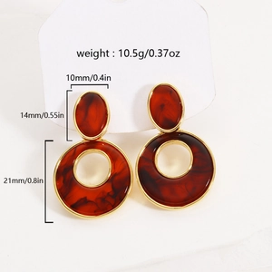 18K gold plated hollow round earrings with brown marble resin inlay for women