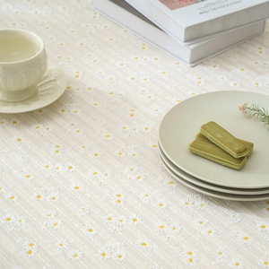 Linen table cloth with white daisy embroidery and pastoral decor for home aesthetics