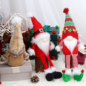 Three Christmas gnomes with Santa, elk, and elf themes on cozy festive decor