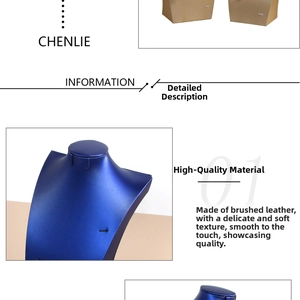 Blue brushed leather jewelry display stand showing necklace and pendant details