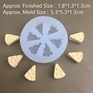 Detailed macro view of 6-cavity silicone mold with dimensions for cheese shaped crafts