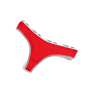 Red ribbed cotton thong for women with LOVE YOU printed elastic waistband in flat lay
