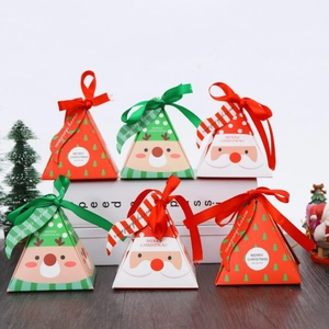 Christmas Candy Gift Box Pyramid Triangular Paper Cardboard Satin Ribbon Bow Holiday Party Favor Santa Reindeer Pattern