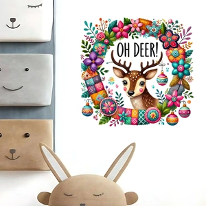 Detail of cartoon deer wall sticker with floral wreath and colorful decorative ornaments