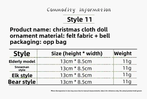 Detailed size and weight chart for Christmas fabric plush figurines and hanging ornaments