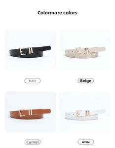 Women's skinny waist belts in black, beige, camel, and white with gold metal buckles