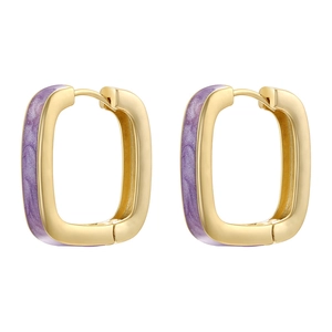 Detail of square gold earrings with purple marble enamel texture and glossy finish