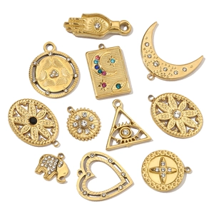 Golden titanium steel DIY charms set featuring moon, elephant, and heart designs with crystals