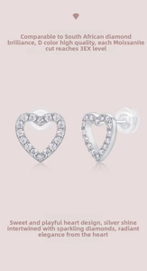 Detailed macro of D-color 3EX heart-shaped moissanite earrings in S925 silver setting