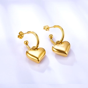 Minimalist gold heart-shaped dangle earrings in polished stainless steel for women