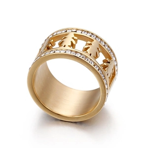 Golden titanium steel family ring with hollow human motifs and zircon pave border