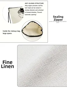 Detail of cosmetic bag showing linen texture, durable alloy zipper and spacious interior