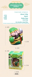Detail of Guan Yu resin figurine with green robe, specifications, and gift box packaging