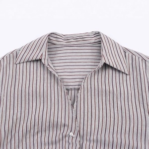 Women's casual striped shirt with classic lapel collar and red pinstripe detail