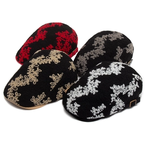 Women's cotton jacquard beret caps with floral embroidery and adjustable side metal buckles