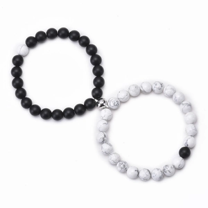 Matte black and white turquoise magnetic heart bracelets for couples 8mm stone beads