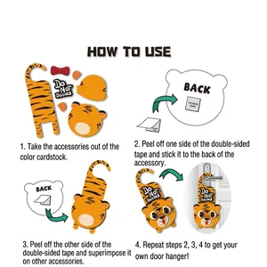 DIY cartoon tiger door hanger kit showing four-step assembly guide for kids crafts