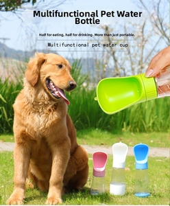 Detail of portable pet water bottle showing green model being used to feed a golden retriever