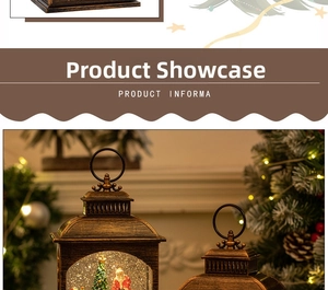 Close-up of vintage bronze Christmas lantern with Santa scene and festive warm lighting