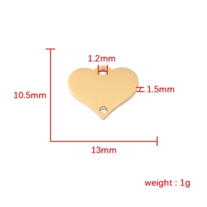 Gold heart titanium steel charm with zircon and dimensions 13x10.5mm for DIY jewelry