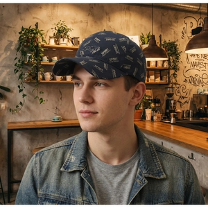 Détail d'une casquette bleu marine avec imprimé SPORT dans un décor de café vintage