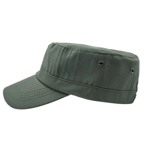 Detail of army green cadet cap with ripstop fabric and metal side ventilation eyelets