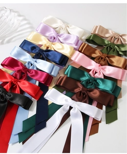 Détail de pinces à cheveux à double nœud en satin coloré avec de longs rubans élégants