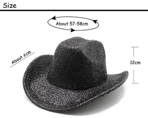 Detail showing dimensions of the black felt cowboy hat with 8cm brim and 12cm height