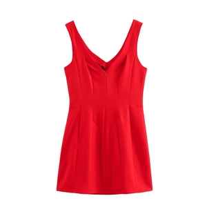 Sweet red sleeveless V-neck mini dress with a structured balloon silhouette and back zipper