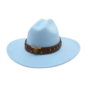 Light blue wool felt cowboy hat with a studded leather band and gold bull skull ornament