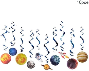 Hanging outer space party swirls with 10 astronaut and planet themed decorations