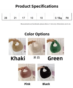 Detailed size specifications and material chart for the fuzzy faux fur shoulder bag