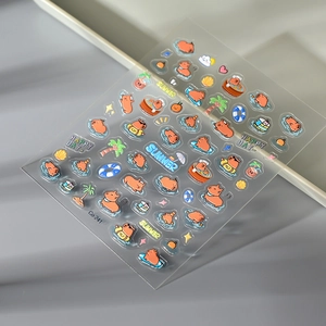 Detailed 5D embossed Capybara nail art stickers with summer themes like palm trees and swim rings