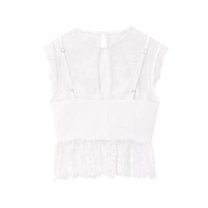 Detailed back view of white lace patchwork top featuring delicate hollow-out embroidery