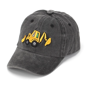 Detailed view of yellow excavator embroidery on washed cotton kids baseball cap