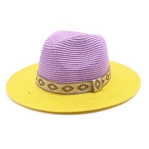 Two-tone woven Panama sun hat with purple crown, yellow brim and patterned ribbon trim