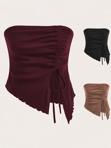 Women Strapless Tube Top Waffle Rib Knit Ruched Side Drawstring Irregular Asymmetric Hem Slim Fit Summer Streetwear Vest