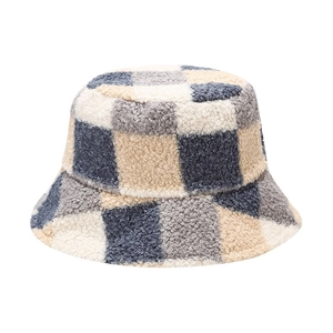 Women's autumn plaid fuzzy bucket hat in neutral checkered fleece for winter warmth