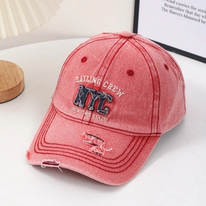 Vintage red NYC sailing crew denim baseball cap with distressed brim and embroidery