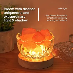 Himalayan salt lamp with pink crystals in a glass bowl on a warm wooden base