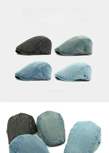 Detail view of denim flat caps with breathable mesh and adjustable metal buckles