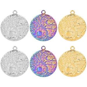 Tree Of Life Pendant Necklace Stainless Steel Sun Moon Embossed Round Rainbow Gold Silver Vintage Jewelry For Women Men